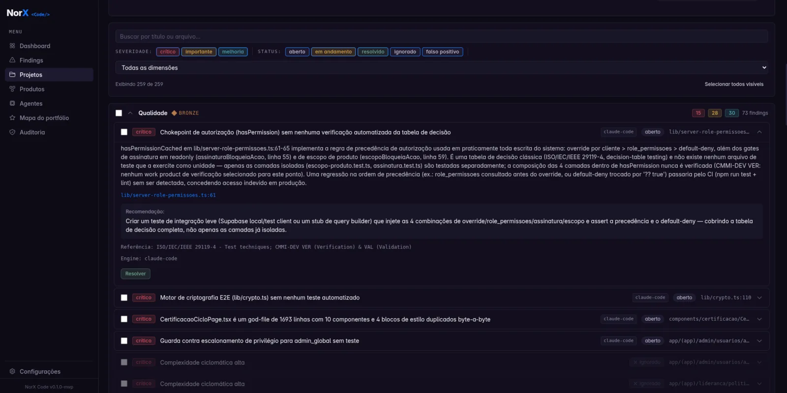 Descoberta crítica do NorX Code com arquivo, linha, recomendação e referência